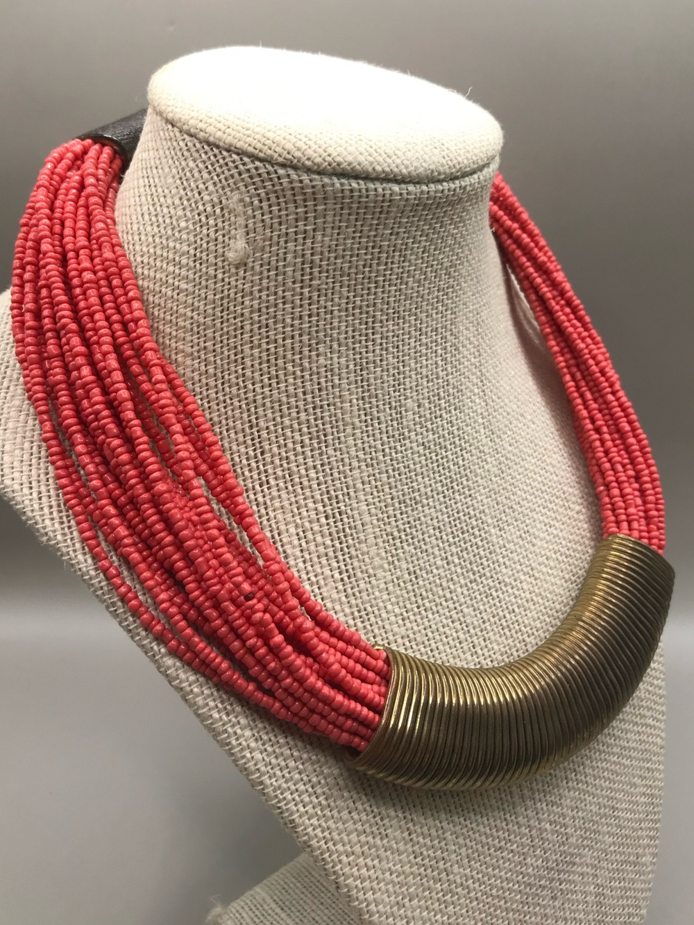 Treska Coral Multi-Strand Bead Necklace with Antique Bronze Coil Tubes - Picture 2 of 8